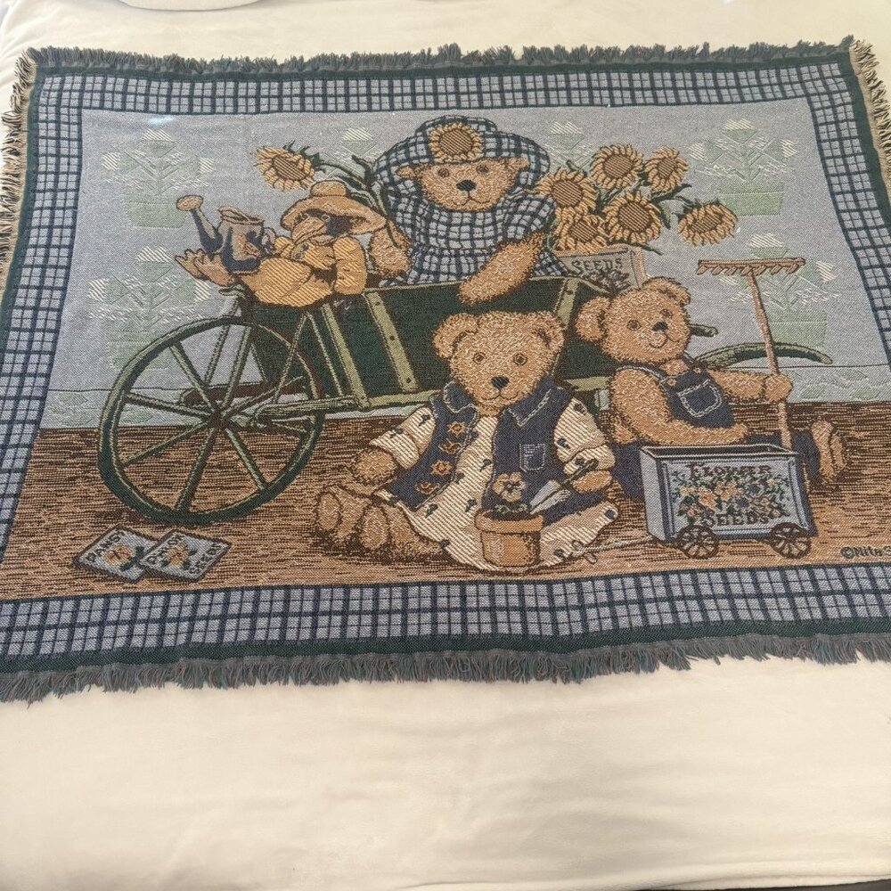 Goodwin Weavers “Teddy’s Wheelbarrow”‎ Nita Showers Vtg Tapestry Throw Blanket